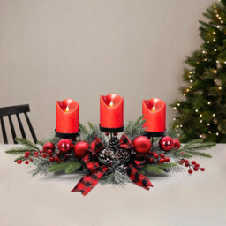 Taylor & Brown Classic Red Christmas Table Candle Holder, Rich Red Berries & Rustic Plaid Centerpiece, Elegant Dinning Table Decor - thumbnail 3