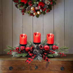 Taylor & Brown Classic Red Christmas Table Candle Holder, Rich Red Berries & Rustic Plaid Centerpiece, Elegant Dinning Table Decor - thumbnail 2