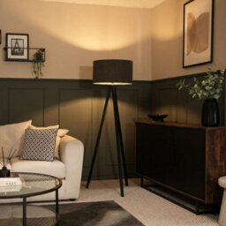 Valuelights Barbro Black Tripod Floor Lamp With Charcoal Boucle Shade And Bulb - thumbnail 1