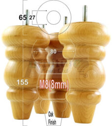 L&F 4X Solid Turned Wood Furniture Legs Chair Settee Feet 155mm 8mm Thread Oak Pkc220 - thumbnail 1