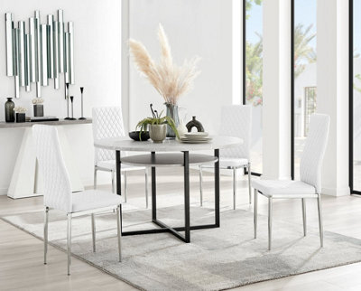 Furniturebox Adley Grey Concrete Effect And Black Round Dining Table With Storage Shelf And 4 White And Silver Milan Modern Faux Leather Chairs - image 1