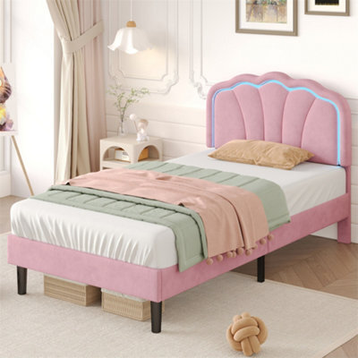 Abrihome 3Ft Single Upholstered Bed With Led Adjustable Shell Shape Headboard, Soft Velvet Bed Frame With Solid Wood Slat, Pink - image 1