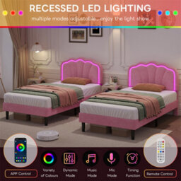 Abrihome 3Ft Single Upholstered Bed With Led Adjustable Shell Shape Headboard, Soft Velvet Bed Frame With Solid Wood Slat, Pink - thumbnail 2