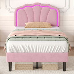 Abrihome 3Ft Single Upholstered Bed With Led Adjustable Shell Shape Headboard, Soft Velvet Bed Frame With Solid Wood Slat, Pink - thumbnail 9