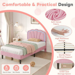 Abrihome 3Ft Single Upholstered Bed With Led Adjustable Shell Shape Headboard, Soft Velvet Bed Frame With Solid Wood Slat, Pink - thumbnail 6