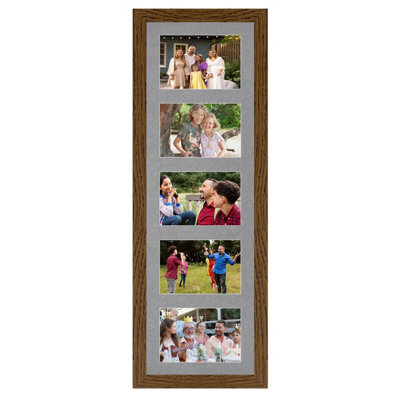 AK Frames 26X8 Dark Oak Modern Multi Photo Frame With Mid Grey Mount - Holds 5 Apertures (5X) 6X4 Photos - image 1
