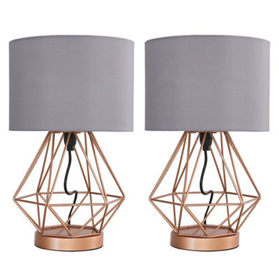 Valuelights Pair Of Modern Copper Metal Basket Cage Touch Table Lamps With Grey Shades - image 1