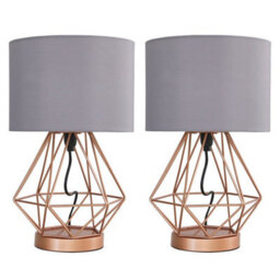 Valuelights Pair Of Modern Copper Metal Basket Cage Touch Table Lamps With Grey Shades - thumbnail 1