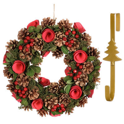 Dibor 35Cm Red Berries And Roses Front Door Christmas Wreath With Tree Wreath Hanger - image 1