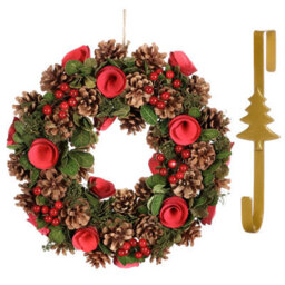 Dibor 35Cm Red Berries And Roses Front Door Christmas Wreath With Tree Wreath Hanger - thumbnail 1