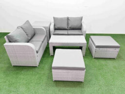 Fimous 6 Seater Outdoor Love Sofa Set Rattan Garden Furniture Set Oblong Coffee Table 2 Footstool Side Table Light Grey - thumbnail 2