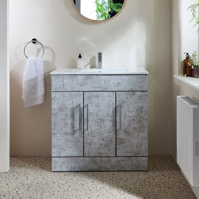 Homestylestore 810mm Concrete Grey Floorstanding Bathroom Vanity Unit And Chrome T Bar Handle - image 1