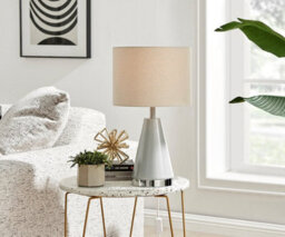 Furniturebox Zoe Grey Conical Table Lamp With Silver Chrome Base And Grey Fabric Light Shade Including A Rated Energy Efficient Led Bulb