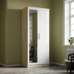High Gloss 2 Doors Wardrobe White&oak Bedroom Furniture With Mirror Hanging Rail - thumbnail 1