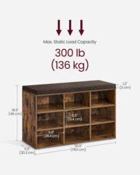 Songmics Hallway Bench, Storage Chair With Padded Seat, 9 Compartments, Adjustable Shelves, Rustic Brown - thumbnail 2
