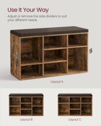 Songmics Hallway Bench, Storage Chair With Padded Seat, 9 Compartments, Adjustable Shelves, Rustic Brown - thumbnail 3