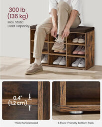 Songmics Hallway Bench, Storage Chair With Padded Seat, 9 Compartments, Adjustable Shelves, Rustic Brown - thumbnail 5