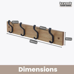 Keypak Wall-Mounted Coat Rack - 4 Hooks On Modern Wooden Base For Wall & Door - 38Cm (Matte Black/ash) - thumbnail 3