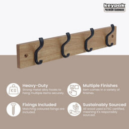 Keypak Wall-Mounted Coat Rack - 4 Hooks On Modern Wooden Base For Wall & Door - 38Cm (Matte Black/ash) - thumbnail 2