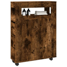 Walplus Narrow Bathroom Cabinet With Wheels Smoked Oak Engineered Wood