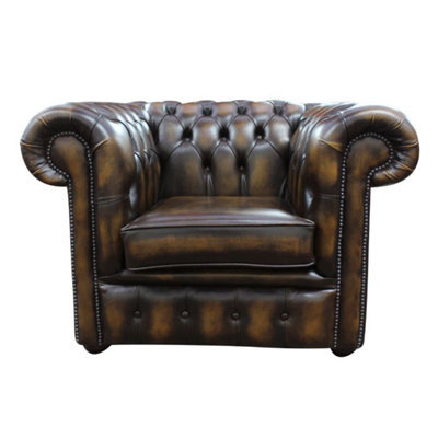 Chesterfield Low Back Club Armchair Antique Gold Real Leather In Classic Style - image 1