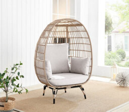 Furniturebox Uk Beige Rattan Garden Egg Chair In Pe Resin Rattan For Outdoors And 15Cm Luxuriously Thick Taupe Cushions - thumbnail 1