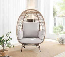 Furniturebox Uk Beige Rattan Garden Egg Chair In Pe Resin Rattan For Outdoors And 15Cm Luxuriously Thick Taupe Cushions - thumbnail 2