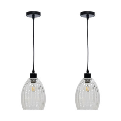First Choice Lighting Set Of 2 Birch - Clear Fluted Glass With Black Pendant Fittings - image 1