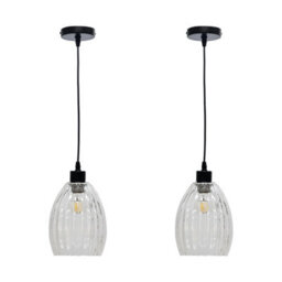 First Choice Lighting Set Of 2 Birch - Clear Fluted Glass With Black Pendant Fittings - thumbnail 1