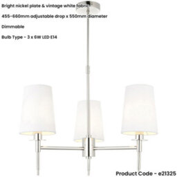 Loops Multi Arm Hanging Ceiling Pendant Light - Bright Nickel Plate & Vintage White Fabric Shade - 3 X 6W Led E14 - thumbnail 2