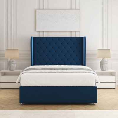 Bsspoke Amelia Divan Bed Set Blue Plush Velvet 54Inch Panel Headboard & Mattress No Drawers In 3Ft 4Ft 4Ft6 5Ft 6Ft - image 1