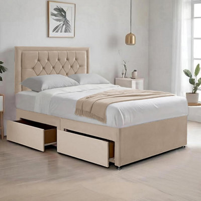 Cream Plush 3Ft Single Bed With Matttress  2 Storage Drawers And 20 Inch Borderd Headboard - image 1