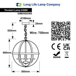 Long Life Lamps Company Industrial Ceiling 3 Light Globe Pendant Light Chrome Chained Lantern H3090 - thumbnail 2