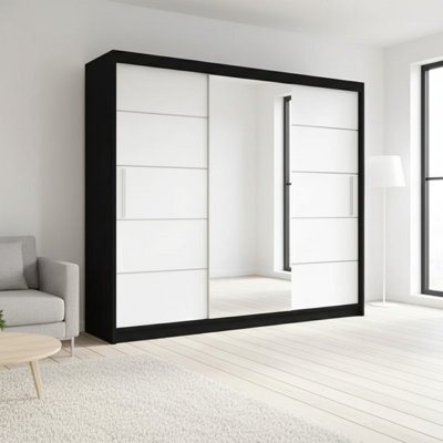 Alba Sliding Wardrobe With Mirror Stylish And Functional Storage Body Black Front White - image 1