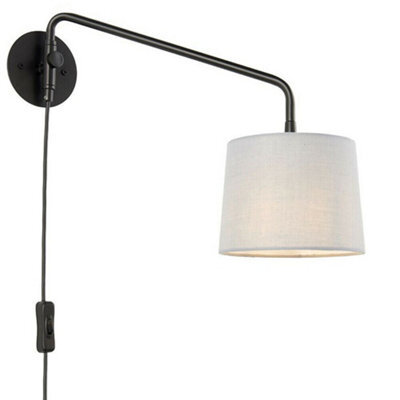 Adjustable Swing Arm Wall Light Matt Black & Grey Fabric Shade Mains Plug In - image 1