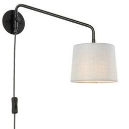 Adjustable Swing Arm Wall Light Matt Black & Grey Fabric Shade Mains Plug In - thumbnail 1