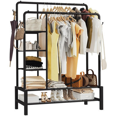 Klass Home Collection Heavy Duty Clothes Rail, 120 Kg Black Metal Rack With Double Hanging Clothing Shoe Storage Shelves & 4 Coat