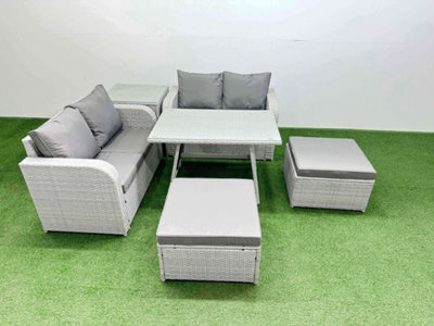Fimous 6 Seater Outdoor Love Sofa Set Rattan Garden Furniture Set With Dining Table Side Table 2 Big Footstool Light Grey - image 1