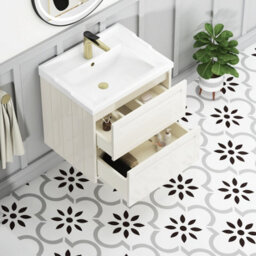 Royal Bathrooms Elmore 600mm Wall Hung 2 Drawer Cabinet Bathroom Vanity Unit With Traditional Ceramic Basin Sink - Classic White - thumbnail 5