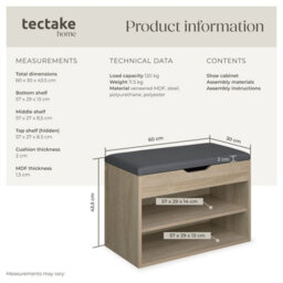 Tectake Shoe Rack Jasmina - Bench With Cushion, 2 Shelves For 6 Pairs Of Shoes, Hinged Lid - 60 Cm - Wood Light, Oak Sonoma - thumbnail 6