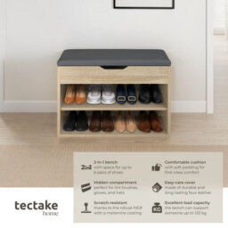Tectake Shoe Rack Jasmina - Bench With Cushion, 2 Shelves For 6 Pairs Of Shoes, Hinged Lid - 60 Cm - Wood Light, Oak Sonoma - thumbnail 2