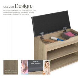 Tectake Shoe Rack Jasmina - Bench With Cushion, 2 Shelves For 6 Pairs Of Shoes, Hinged Lid - 60 Cm - Wood Light, Oak Sonoma - thumbnail 3