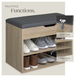 Tectake Shoe Rack Jasmina - Bench With Cushion, 2 Shelves For 6 Pairs Of Shoes, Hinged Lid - 60 Cm - Wood Light, Oak Sonoma - thumbnail 4