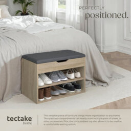 Tectake Shoe Rack Jasmina - Bench With Cushion, 2 Shelves For 6 Pairs Of Shoes, Hinged Lid - 60 Cm - Wood Light, Oak Sonoma - thumbnail 5