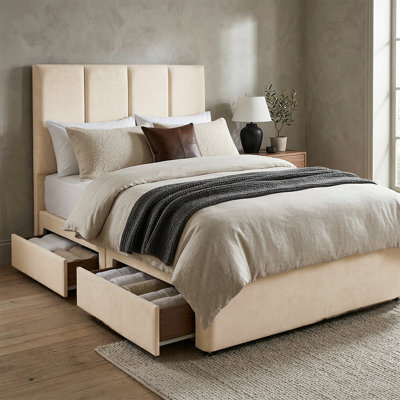 "Adore Designs Stafford Plush Velvet Divan Bed, 50"" Headboard - 5Ft Kingsize - Cream - 2 Drawers Same Side" - image 1