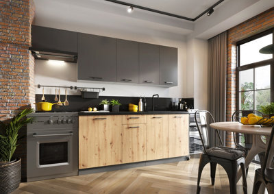 Impact Furniture Kitchen Cabinets Set 7 Units Cupboard 240Cm Kitchenette Soft Close Oak Dark Grey Storage Clara - image 1