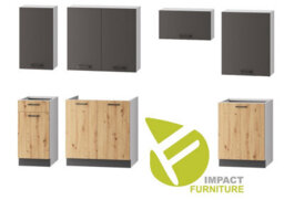 Impact Furniture Kitchen Cabinets Set 7 Units Cupboard 240Cm Kitchenette Soft Close Oak Dark Grey Storage Clara - thumbnail 2