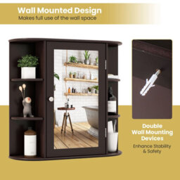 Costway 3 Tier Mirrored Bathroom Cabinet Wall Mount Storage Cupboard-Brown - thumbnail 7