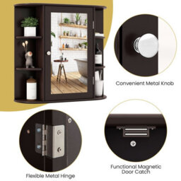 Costway 3 Tier Mirrored Bathroom Cabinet Wall Mount Storage Cupboard-Brown - thumbnail 8