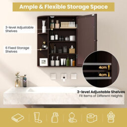 Costway 3 Tier Mirrored Bathroom Cabinet Wall Mount Storage Cupboard-Brown - thumbnail 6